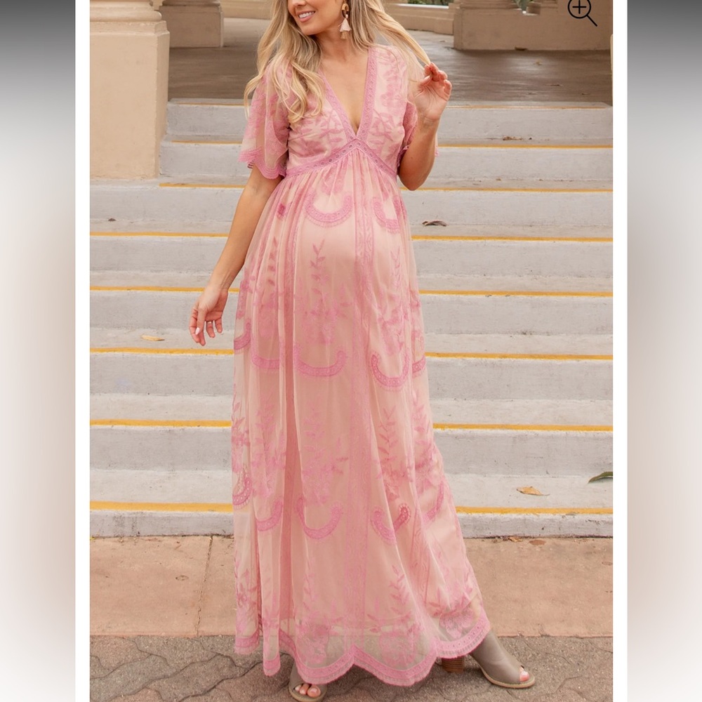 Pink Lace Mesh Overlay Maternity Maxi Dress